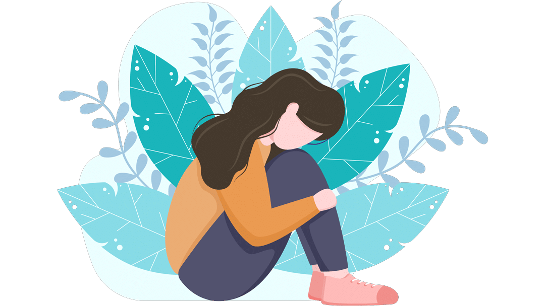 Illustration of a person sitting curled up with head down, surrounded by teal leaves, conveying sadness or loneliness.