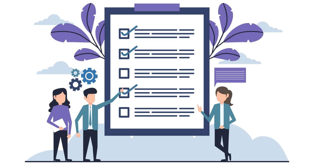 Three professionals stand around a tall checklist board with several checked boxes, illustrating task review or project planning.
