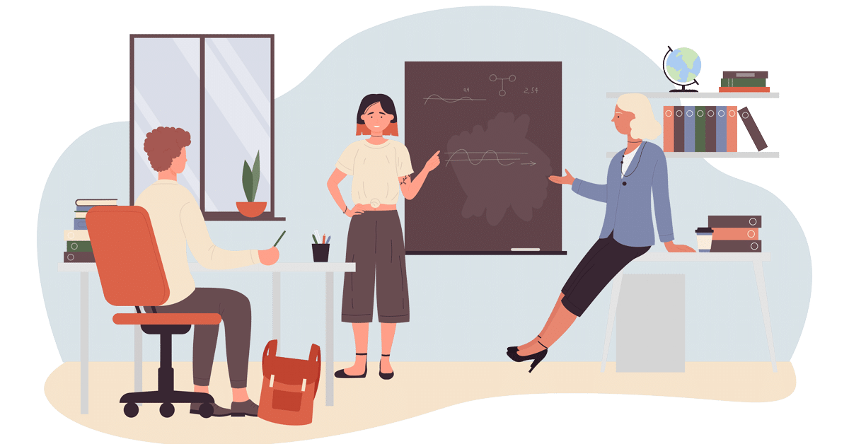Three people in a classroom: a student presenting at a chalkboard while a teacher sits at a desk and another student listens nearby.